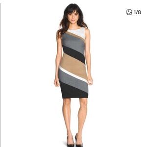 Sleeveless Colorblock Wave Sheath Dress in Black, Gray and Tan Sz 8
